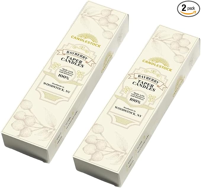 Candlestock Real Bayberry Taper Candle Pair 8 inch - Pure Bayberry and Pure 100% USA Beeswax Blend - Dripless Taper Candles - 2 Pairs (4 Candles)