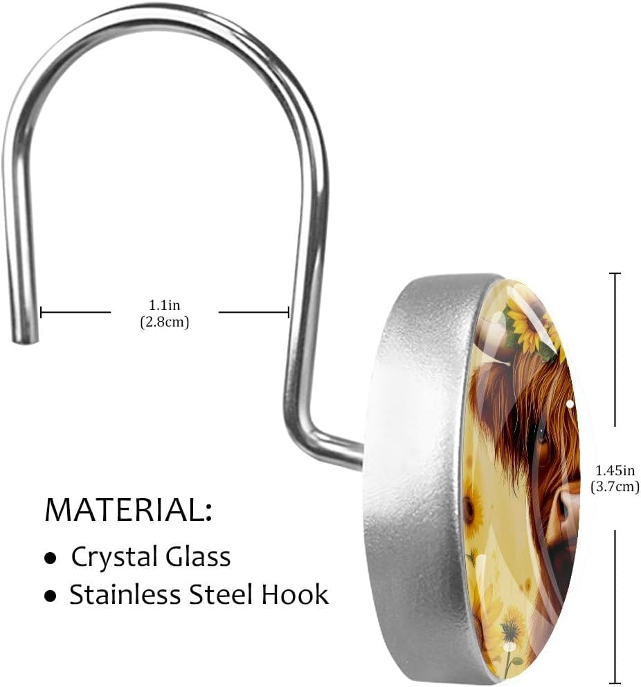 12 Pcs Sunflowers and Highland Cow Round Shower Curtain Hooks Stainless Steel Decorative Hanger Rings for Bathroom Kitchen Bedroom Curtain Rods