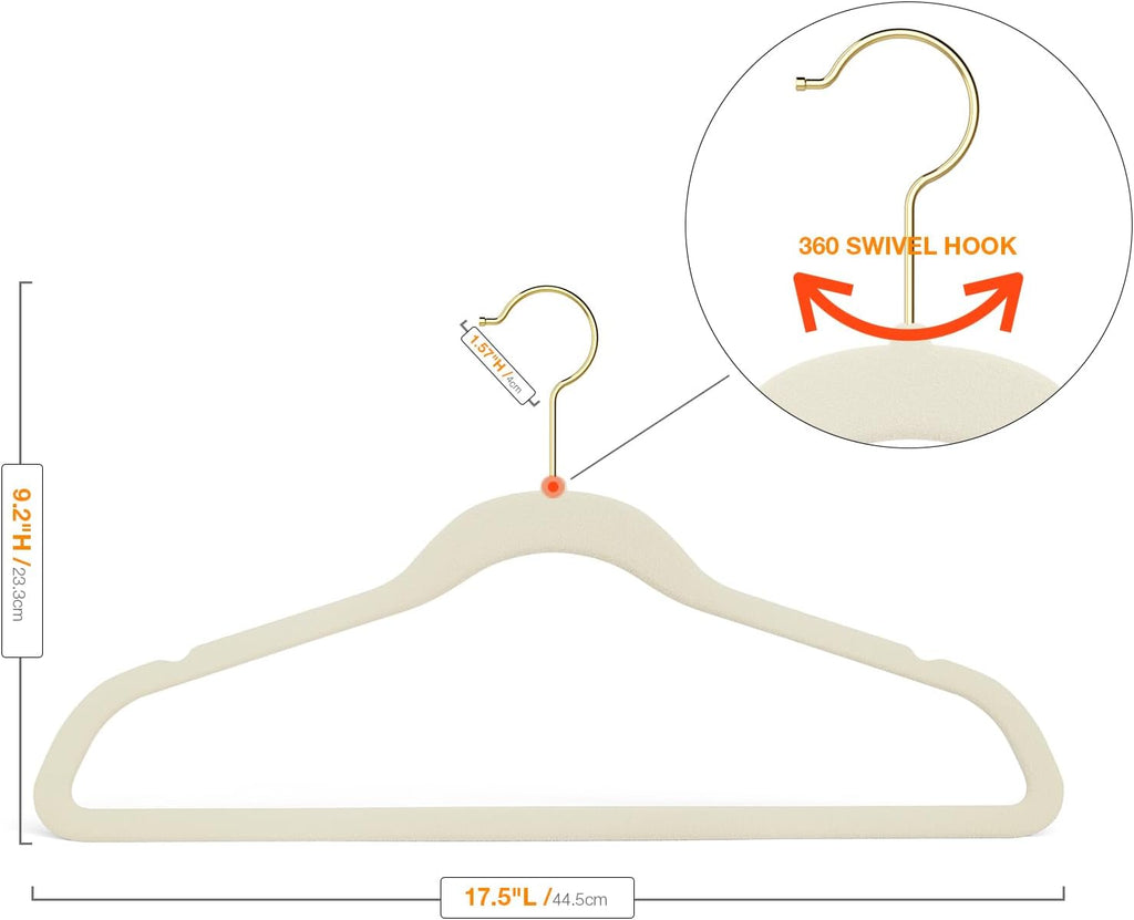 Korpai 50 Pack Beige Velvet Hangers,Felt Hangers with Gold 360°Swivel Hook,Coat Hanger Non Slip,Heavy-Duty,Space Saving,Slim Clothes Hangers for Pants,Outfit,Skirts,Suits,Coats,Dresses ect.