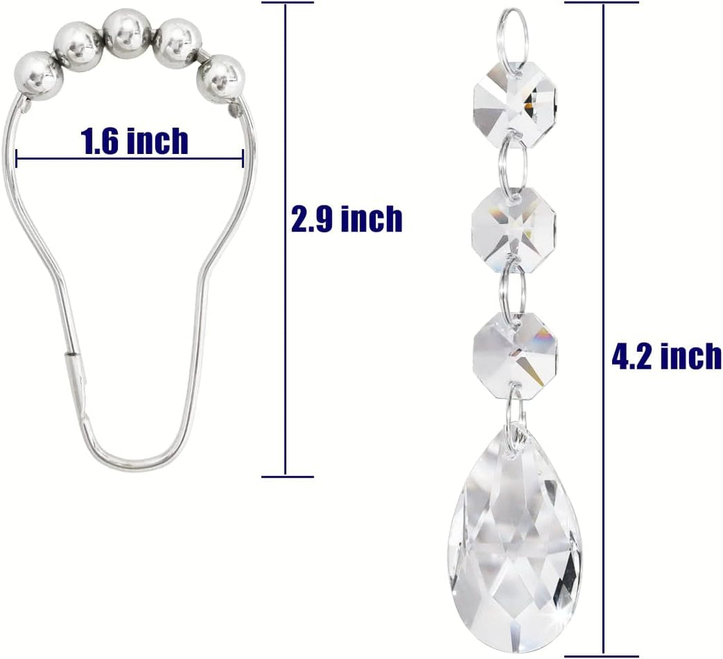 Shower Curtain Hooks Rings for Bathroom, 12PCS Gemstone Crystal Bead Water Drop Stainless Steel Rust Resistant Clear Shower Curtain Rings (Clear)