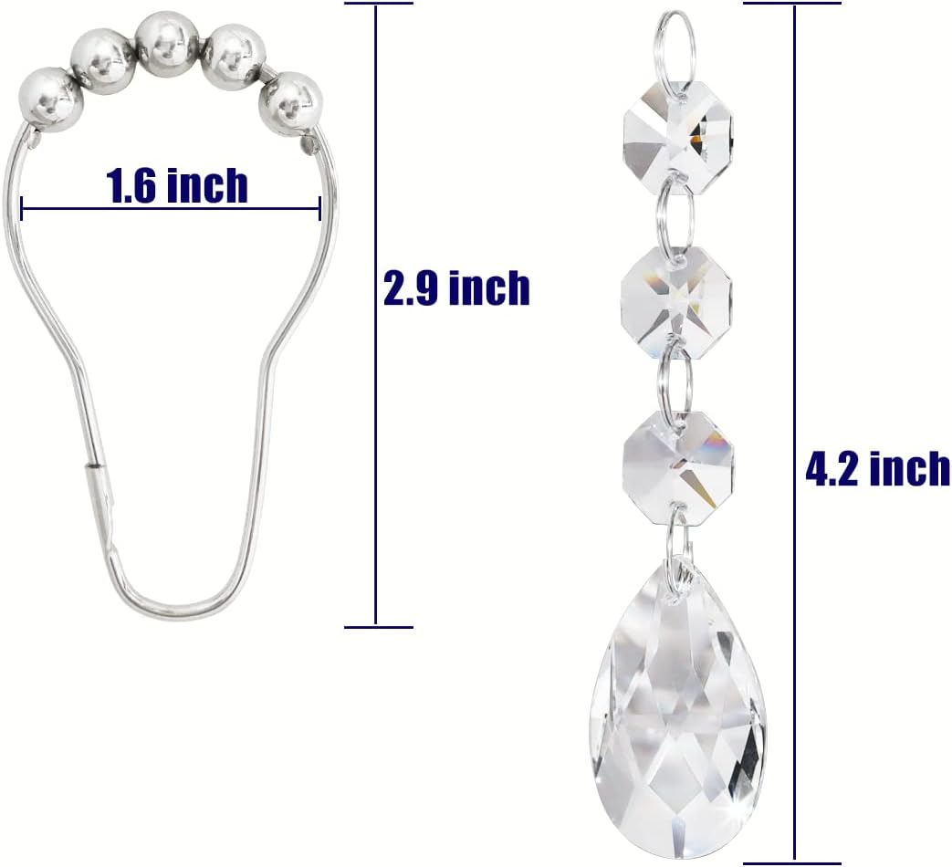 Shower Curtain Hooks Rings for Bathroom, 12PCS Gemstone Crystal Bead Water Drop Stainless Steel Rust Resistant Clear Shower Curtain Rings (Clear)