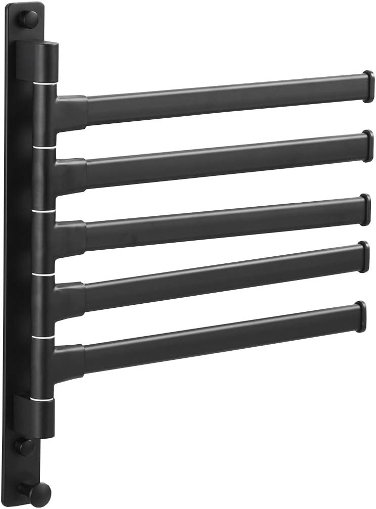 Swivel Hand Towel Bar Bathroom Swing Hanger Towel Rack Holder Matte Black Finish, Wall Mounted, 5-Arm