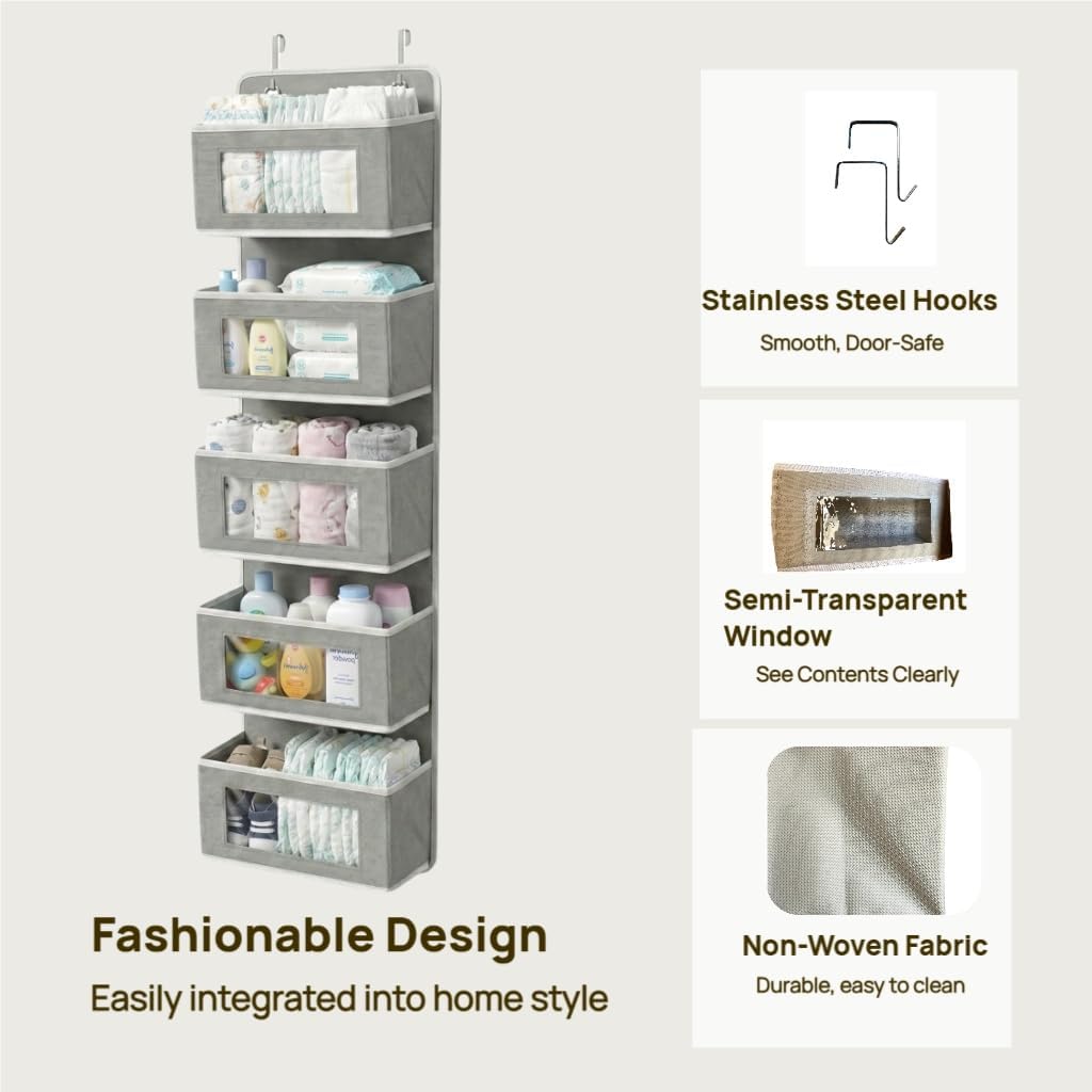 Over Door Organizer 5-Tier, Clear Window Hanging Shelf for Closet, Grey