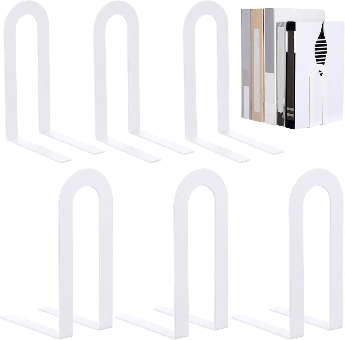 Chunful 6 Pcs White Modern Metal Book Ends for Shelves Decorative Small Bookends Book Shelf Organizer Minimalist Design Stopper to Hold Books for Office (Round)