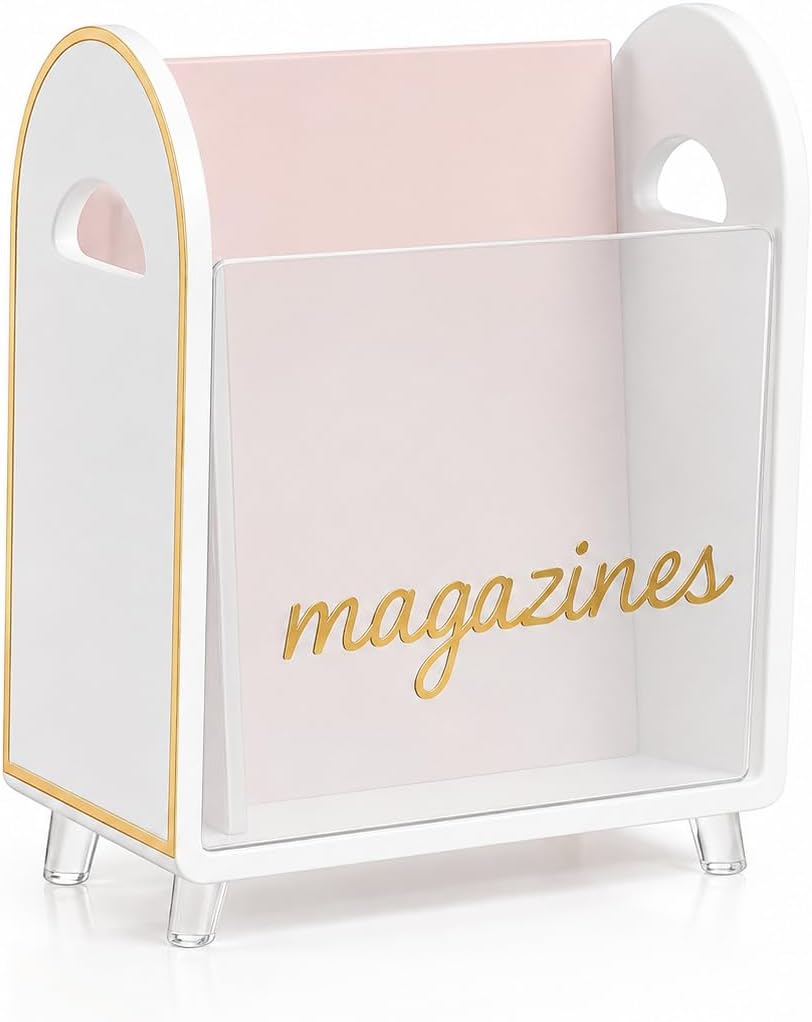 Khen Acrylic Magazine Rack Holder & Gold Trim - 12.40" x 10" x 4.49" - Crystal Lucite Clear - Shatterproof - Open Top - Space Saver - For Magazines, Publications, Office Desk, Reception, Waiting Room