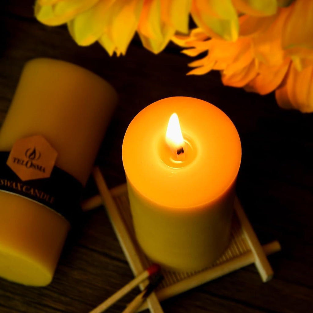 6 Pack 2 inch Thick Natural Beeswax Pillar Candle 4 inch Tall, Yellow