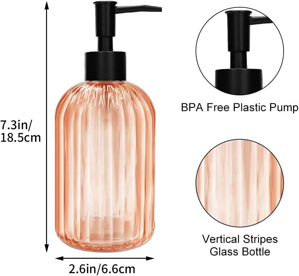 Pack of 2 Glass Soap Dispenser with Black Pump, 400 ml Refillable Pump Dispenser for Kitchen, Bathroom, Laundry Room, Liquid Glass Bottle for Washing Up Liquid, Shampoo, Conditioner (Orange)