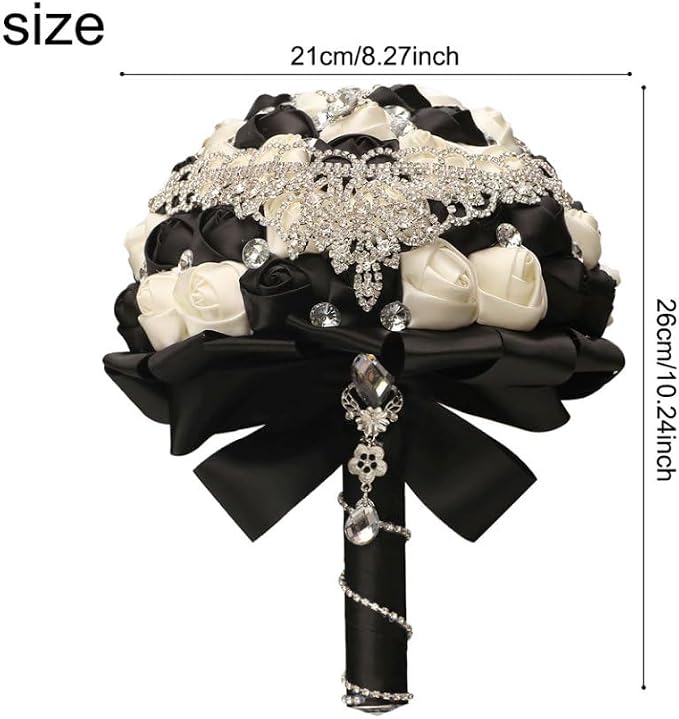 Handmade Luxury Wedding Bridal Bouquet Large Silk Rose Holding Toss Artificial Flowers Bouquets with Satin Ribbon Pearls Rhinestone for Bride Vintage Royal Wedding Bouquet (Black+Ivory)
