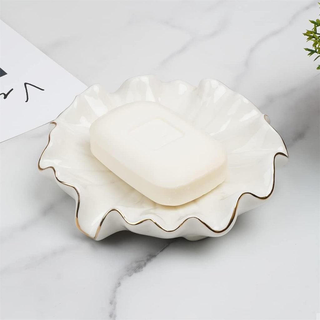 Soap Dish with Drain Ceramic White Lotus Leaf Soap Holder Soap Saver for Bar Soap, Kitchen Sink, and Bathroom Shower