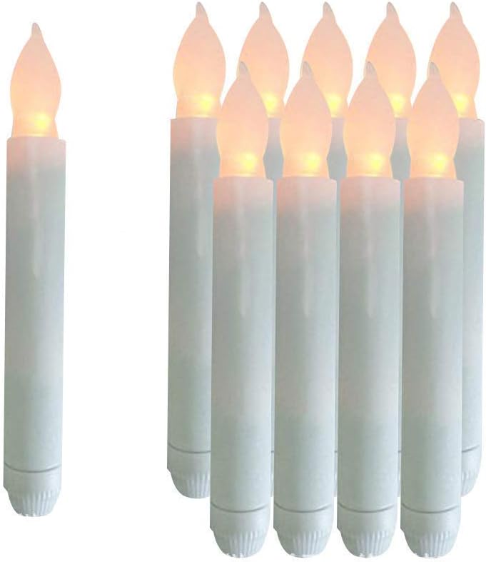 Plastic Art Deco Taper Candles, Set of 12 Warm White, Flameless LED, Battery Operated, Realistic Flickering, Ideal for Decoration, Weddings, Birthday Party
