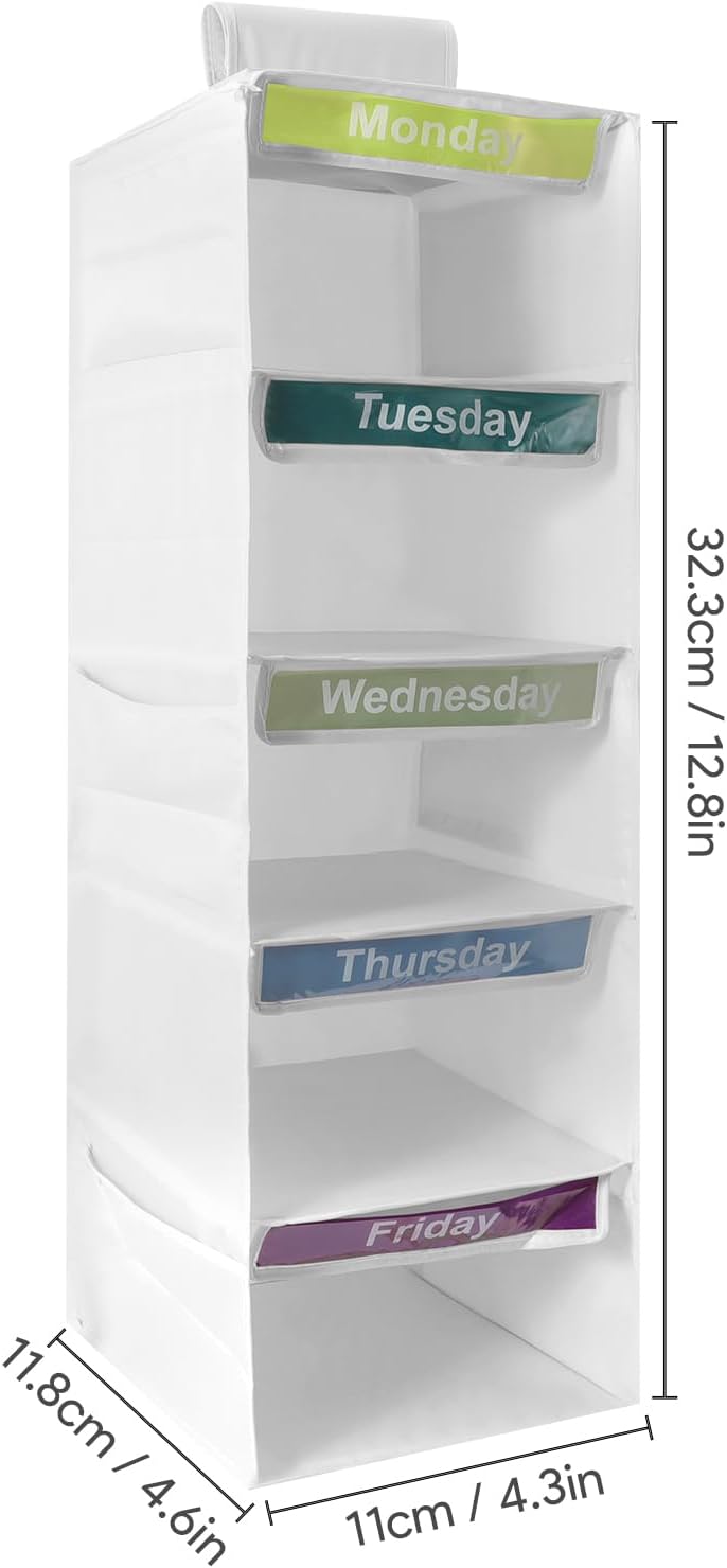 5 Shelf Weekly Hanging Closet Organizer Monday Through Friday Clothes White