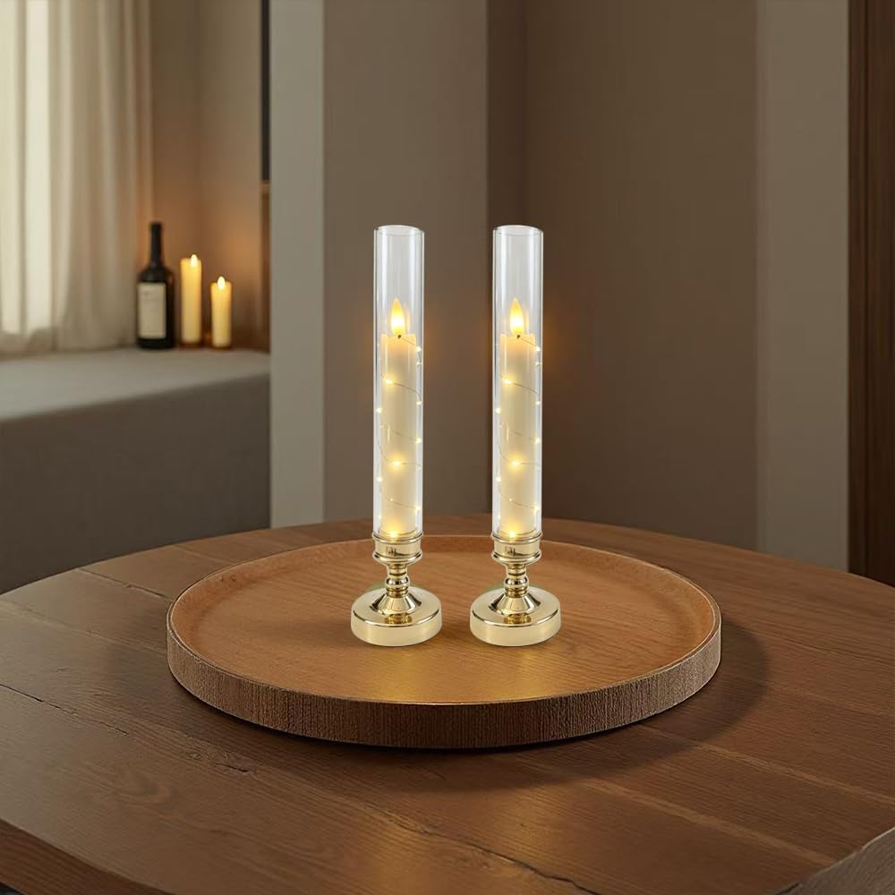 4 Pcs Flameless Candle with Remote Timer, Flickering Battery Operated LED Taper Candles with Embedded Star String Gold Candle Holders for Home, Wedding, Party Christmas Window Candles