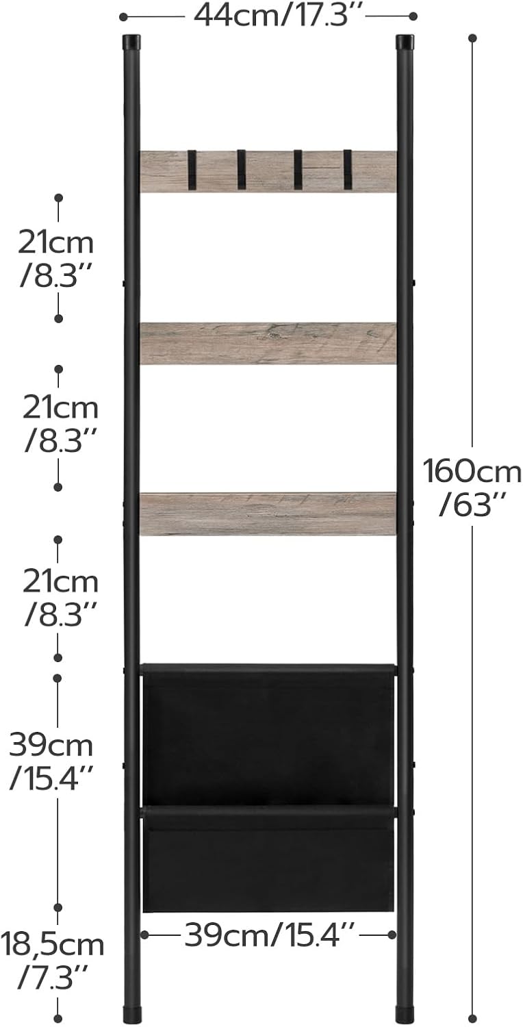 HOOBRO Blanket Ladder, 5 Tier Towel Rack, 17.3" L x 63" H, Wall-Leaning Blanket Rack for Living Room, Decorative Ladder with 4 Hooks and Magazine Pocket, Greige BG32CJ01