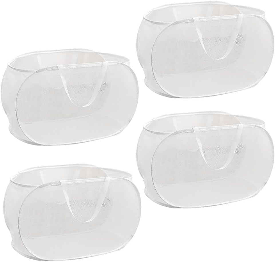 4 Piece Popup Mesh Laundry Basket Durable Handles Collapsible Laundry Baskets Folding Clothes Pastic Hamper for Laundry Room College Dorm (White)