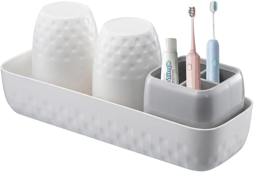Toothbrush Holder with Cups, Electric Toothbrush and Toothpaste Organizer, Bathroom Accessories Set for Kids and Families, White & Grey