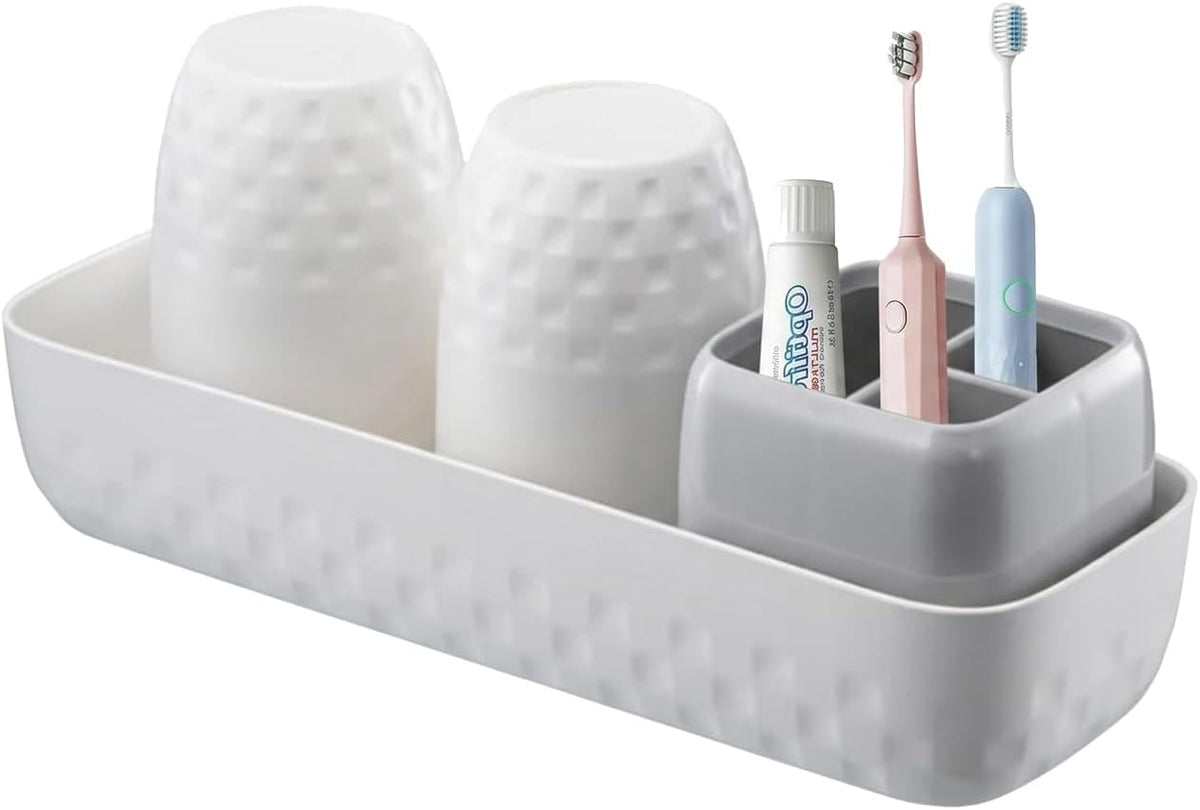 Toothbrush Holder with Cups, Electric Toothbrush and Toothpaste Organizer, Bathroom Accessories Set for Kids and Families, White & Grey