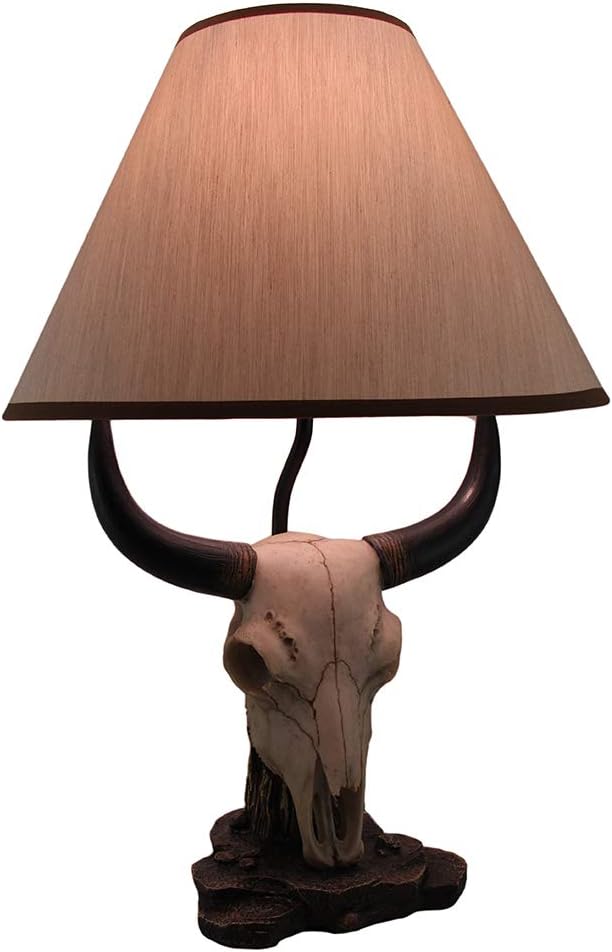 Bull Skull Table Lamp, 19.5 Inch Weathered Resin with Beige Fabric Shade