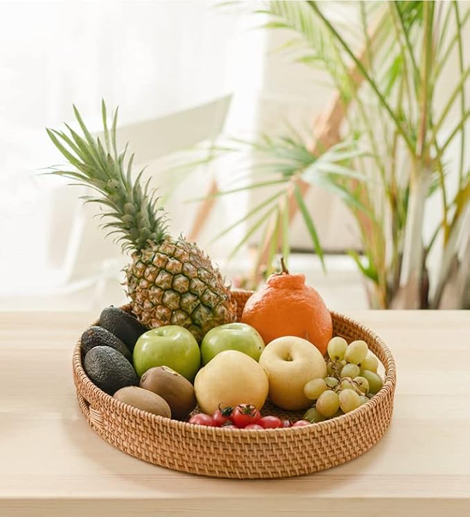 YANGQIHOME Rattan Round Serving Tray, Decorative Coffee Table Tray, Hand Woven Serving Basket with Handles, Ottoman Wicker Fruit/Bread Serving Basket, 13.8 inch