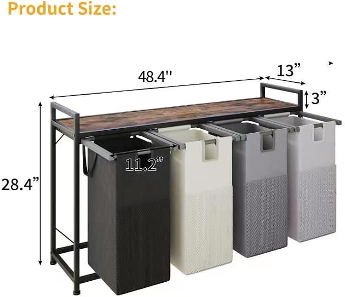 4 Bin Laundry Hamper w/Folding Table, Laundry Basket w/Removable Bags