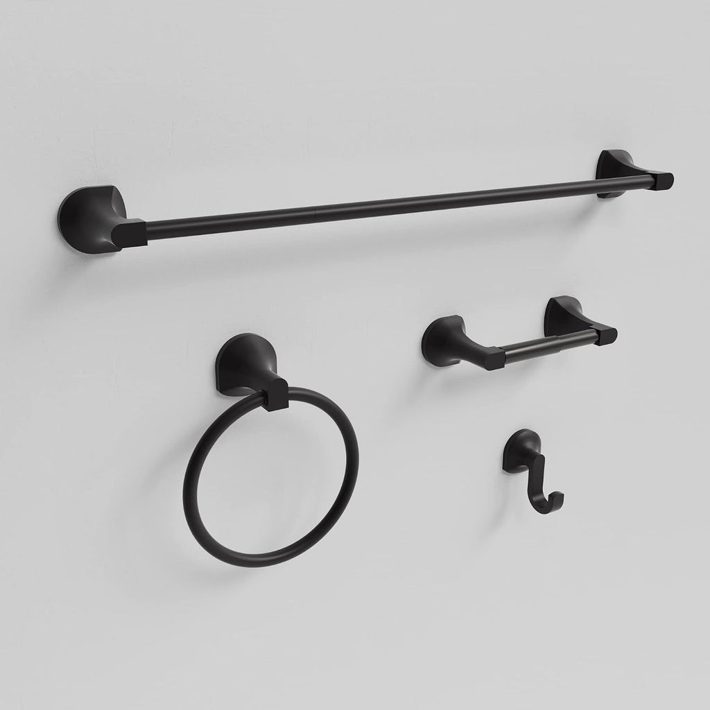 BGL Bathroom Hardware Set Matte Black Adjustable Expandable Towel Bar 4-Piece Bathroom Accessory Set Wall Mounted Robe Hook Toilet Paper Holder Towel Ring Towel Bar