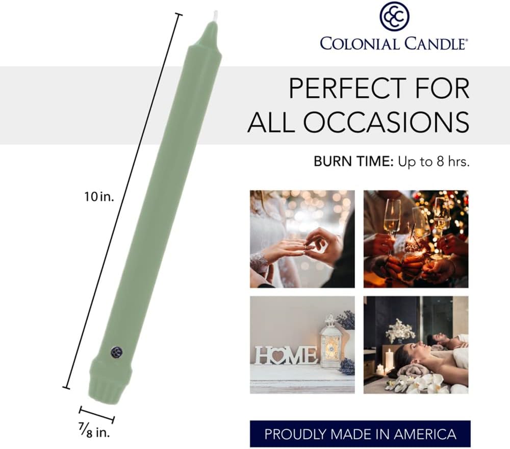 Colonial Candle Unscented Taper Candle, Classic Collection, Green, 10 in, Pack of 6 Candlesticks - Up to 8 Hours Burn