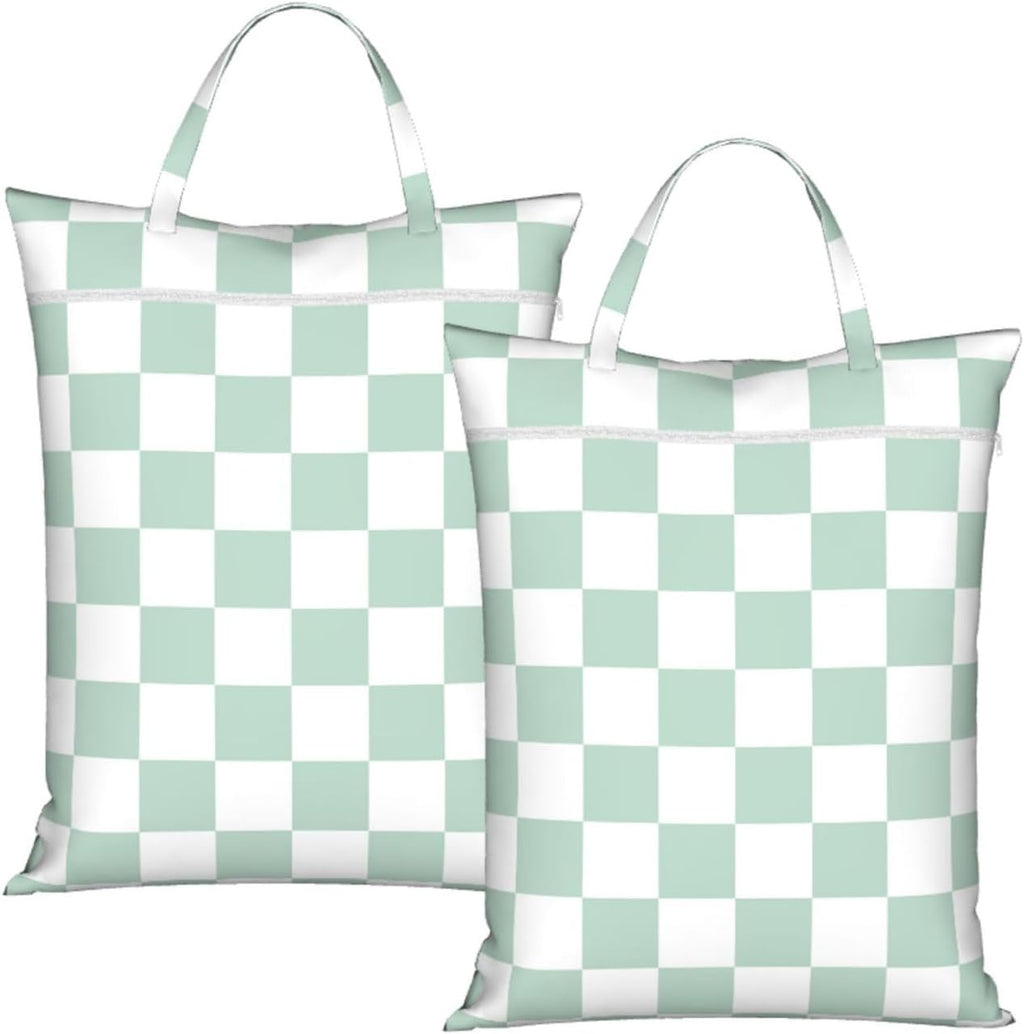 "green and white checkerboard plaid 2-Pack Travel Laundry Bags for Dirty Clothes- Large Waterproof Laundry Tote, Wet & Dry Use, Reusable Foldable Carry Handles for Vacation, Gym & Dorm"