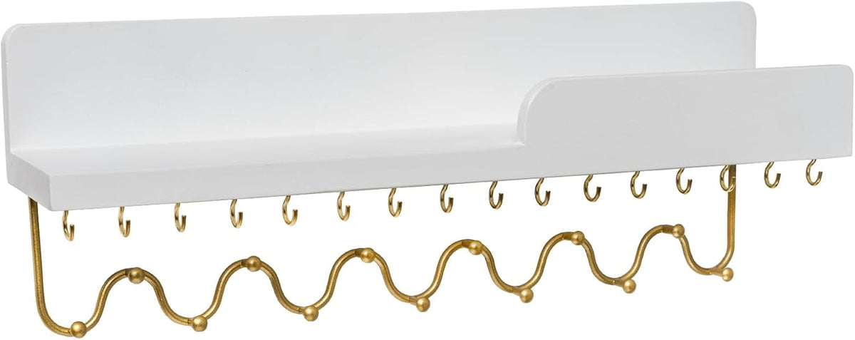 29 Hooks Wall Mount Necklace Holder Organizer, White Decorative Wood Jewelry Shelf with Gold Metal Wave Bar and Guardrail for Necklace, Pendant, Chain, Bracelet, White