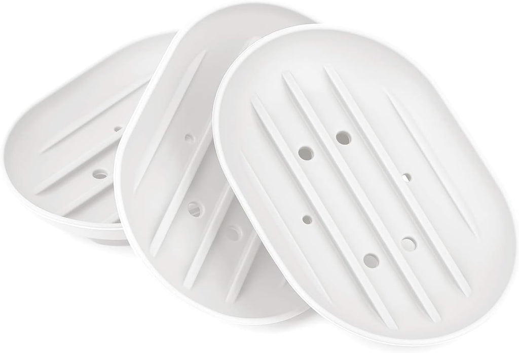 Soap Dish, Bathroom Soap Dishes Soap Holder Soap Tray with Holes to Drain Water- Oval Shape Soap Dish for Shower Bathroom Kitchen Counter Top, Keep Bars Dry - Flexible Silicone White, 3 Pack