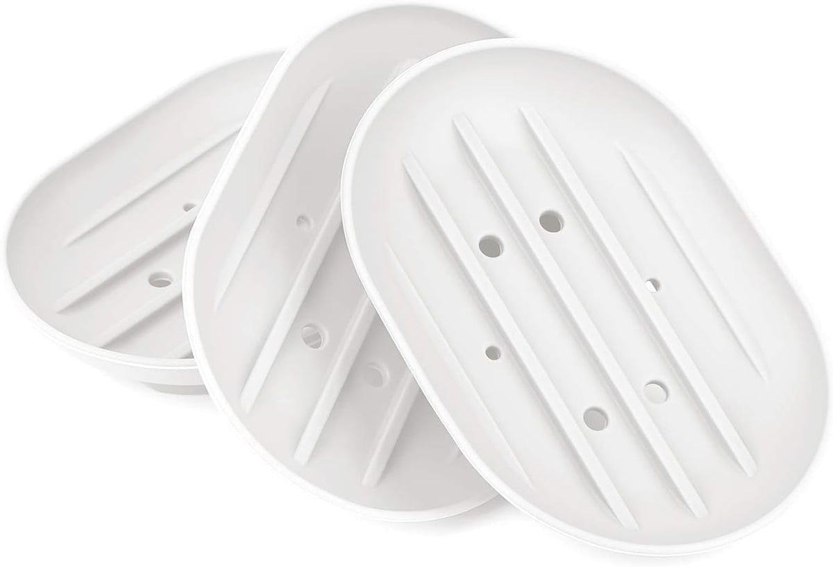Soap Dish, Bathroom Soap Dishes Soap Holder Soap Tray with Holes to Drain Water- Oval Shape Soap Dish for Shower Bathroom Kitchen Counter Top, Keep Bars Dry - Flexible Silicone White, 3 Pack
