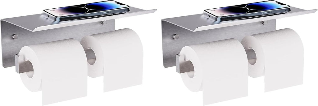 Double Toilet Paper Holder with Shelf, FreshGlow Large Tissue Holder Brushed Nickel, Wall Mount Commercial Toilet Paper Dispenser Phone Shelf Stainless Steel, Tissue Roll for Bathroom (Pack of 2)