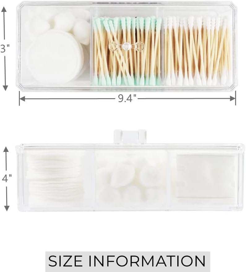 UTTH-DTTK Clear Cotton Ball and Swab Holder 3 Divided Compartments with Lid, , Waterproof Bathroom Organizers Small Plastic Storage Containers, Vanity Makeup Organization (A)