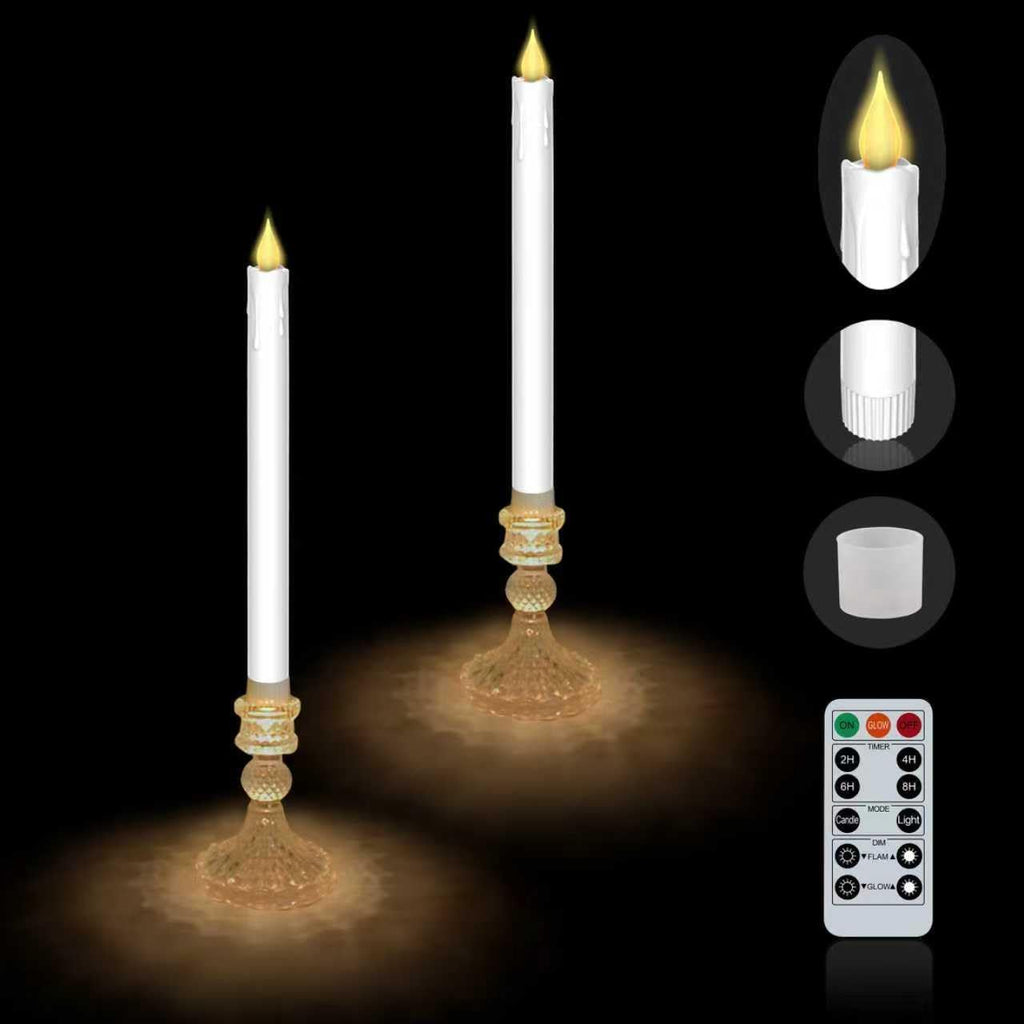 Flameless Taper Candles with Illuminated Glass Candle Holder, Remote Timer 2AA Battery Operated 500+ Hours for Thanksgiving/Xmas Decor, Wedding Centerpiece (White, 2 Pack)