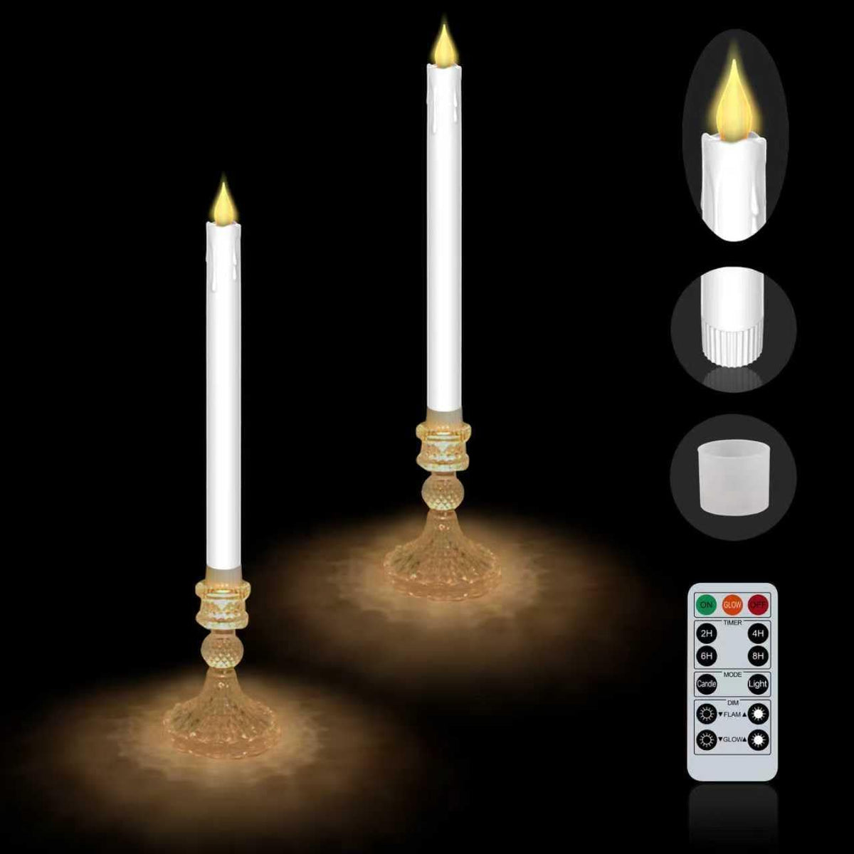 Flameless Taper Candles with Illuminated Glass Candle Holder, Remote Timer 2AA Battery Operated 500+ Hours for Thanksgiving/Xmas Decor, Wedding Centerpiece (White, 2 Pack)