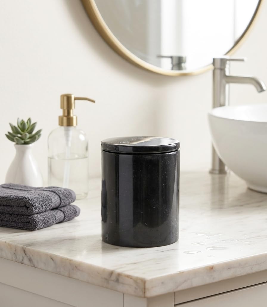 Marble Q-Tip Holder for Bathroom, Black 4" Cotton Swab Canister