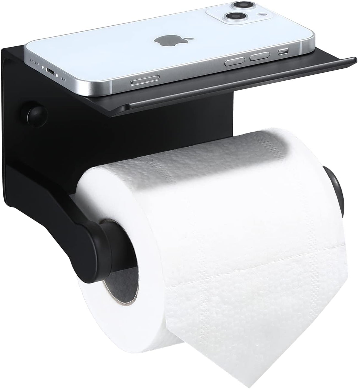 Toilet Paper Holder with Phone Shelf, Self Adhesive Aluminum Tissue Roll Dispenser for Mega Roll, Wall Mounted Toilet Paper Roll Holder for Bathroom, Matte Black