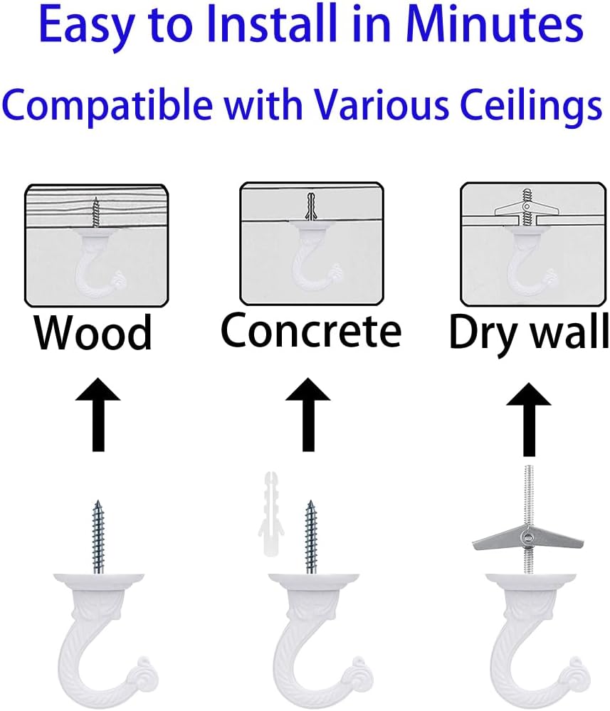 Heavy Duty Ceiling Hooks, Hanging Plants, Wall Kit (2, White)