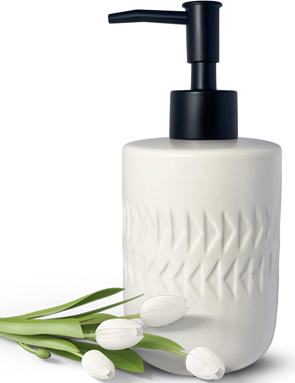White Soap Dispenser with Matte Black Pump for Bathroom,Cylindrical Lotion Dispenser,12oz Ceramic Relief Hand Dish Soap Dispenser,Refillable Liquid Dispenser for Kitchen (Relief White)