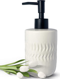 White Soap Dispenser with Matte Black Pump for Bathroom,Cylindrical Lotion Dispenser,12oz Ceramic Relief Hand Dish Soap Dispenser,Refillable Liquid Dispenser for Kitchen (Relief White)