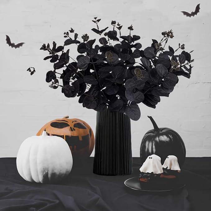 Tinsow 10 Pcs Black Artificial Eucalyptus Branches Stems Faux Eucalyptuses Real Touch Leaf Gathic Theme Party Bouquet Centerpiece Halloween Home Decor (Black, 10)