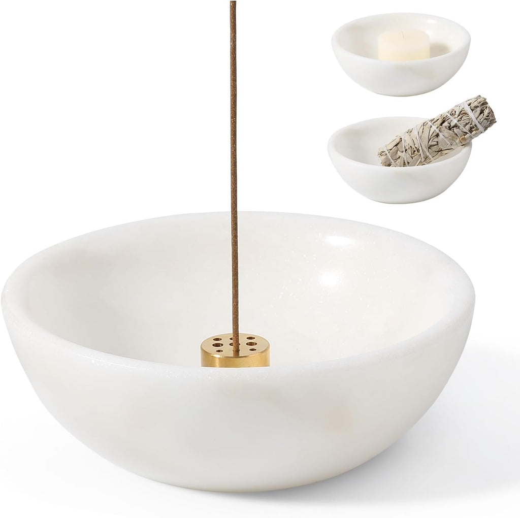 Koville Natural Marble Incense Holder, Incense Holder for Sticks with 9 Holes, Handmade Incense Burner Ash Catcher for Meditation Yoga SPA, Balsam Fir/Palo Santo/Sage/Cone (White)