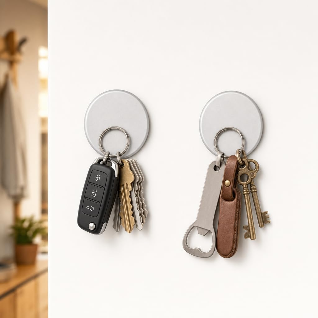 Magnetic Key Holder, 2-Pack Modern Wall Mount Key Hook, Silver Round Metal Key Ring Storage Organizer for Home & Office