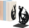 WADORN 1 Pair A People Playing Golf Metal Decorative Bookend for Shelves, Heavy Duty Book Ends Modern Non-Skid Books Holder Stand Black Book Support Stoppers for Office Desk Bookshelf, 5.3x4.3x7.8in