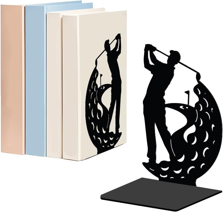 WADORN 1 Pair A People Playing Golf Metal Decorative Bookend for Shelves, Heavy Duty Book Ends Modern Non-Skid Books Holder Stand Black Book Support Stoppers for Office Desk Bookshelf, 5.3x4.3x7.8in