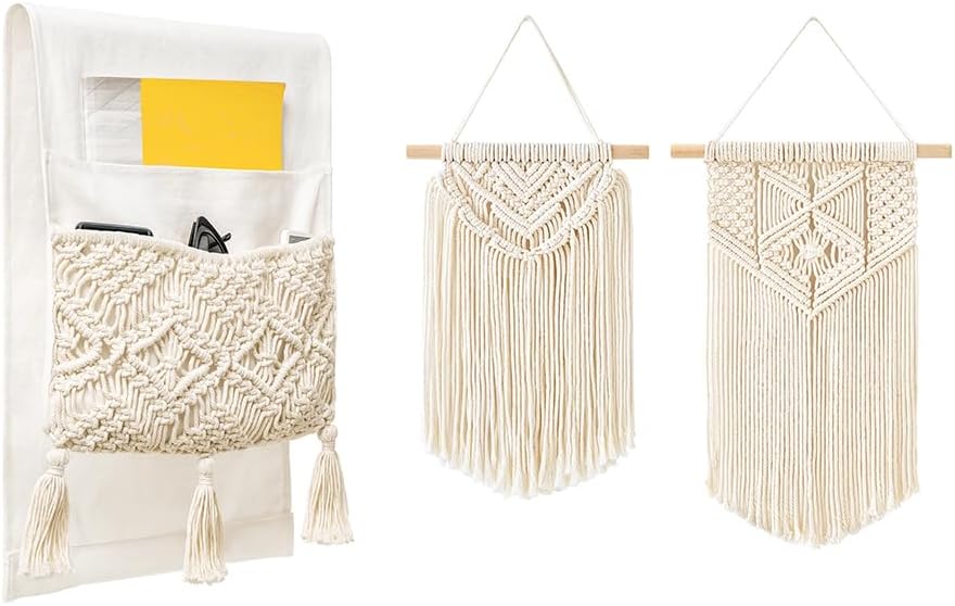 Mkono Sofa Armrest Organizer and Macrame Wall Hanging Boho Decor for Bathroom Bedroom Dresser Living Room Office, Ivory, Set of 3