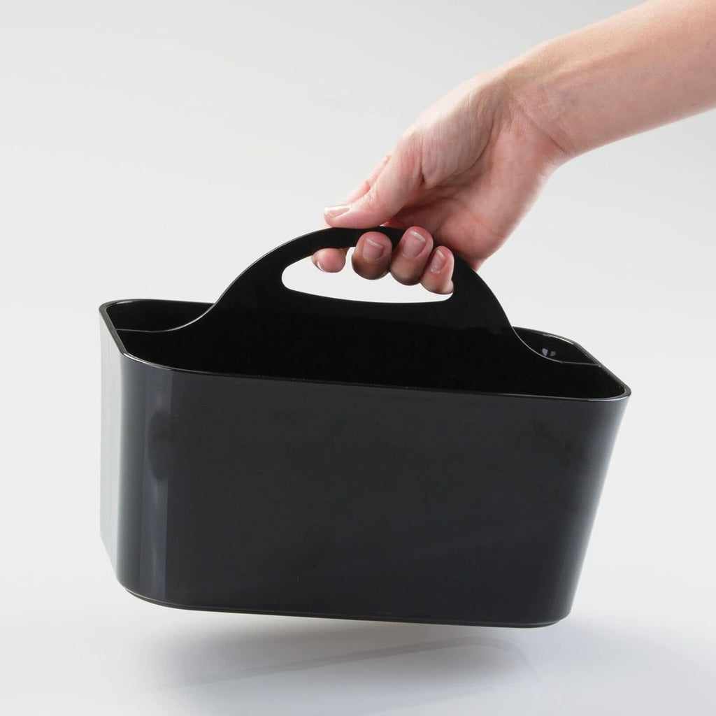 mDesign Small Plastic Shower/Bath Storage Organizer Caddy Tote with Handle for Dorm, Shelf, Cabinet - Hold Soap, Shampoo, Conditioner, Combs, Brushes, Lumiere Collection, Black
