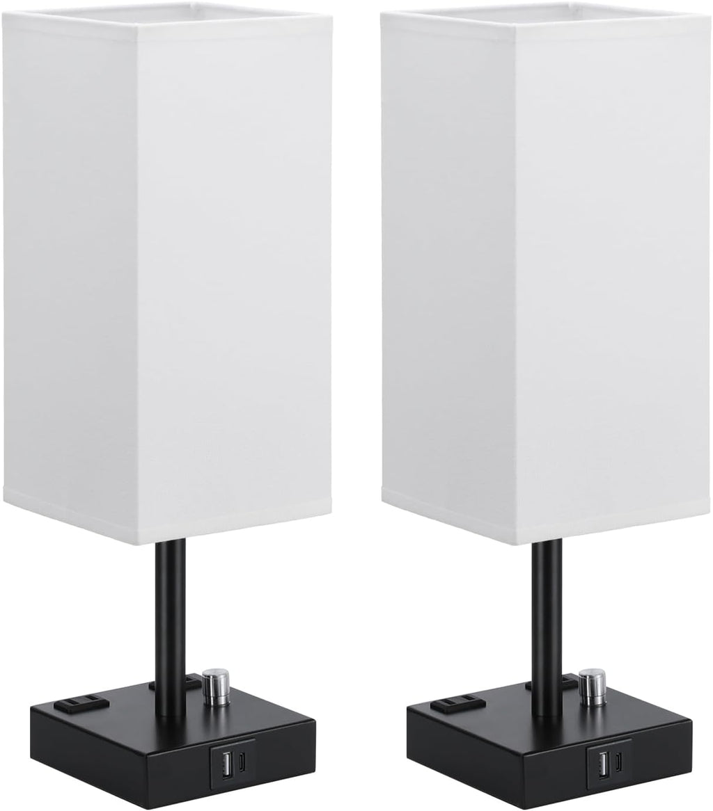 White Bedside Table Lamps Set of 2 - Dimmable, USB C+A, 2 AC Outlets