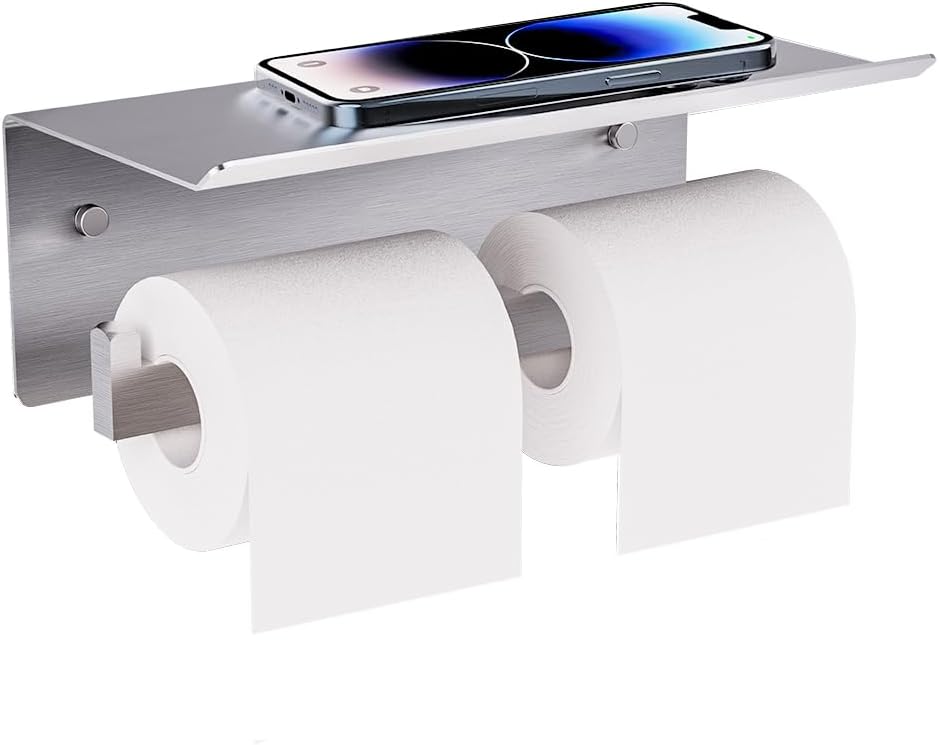 Double Toilet Paper Holder with Shelf, FreshGlow Large Tissue Holder Brushed Nickel, Wall Mount Commercial Toilet Paper Dispenser Phone Shelf Stainless Steel, Tissue Roll for Bathroom