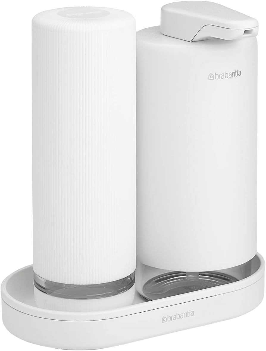 Brabantia - SinkStyle Soap Dispenser Set with 2 Stylish Dispensers for Hand and Dish Soap, Textured Tray, and Soap Squeezer – Mineral Fresh White, 2 x 6.8oz