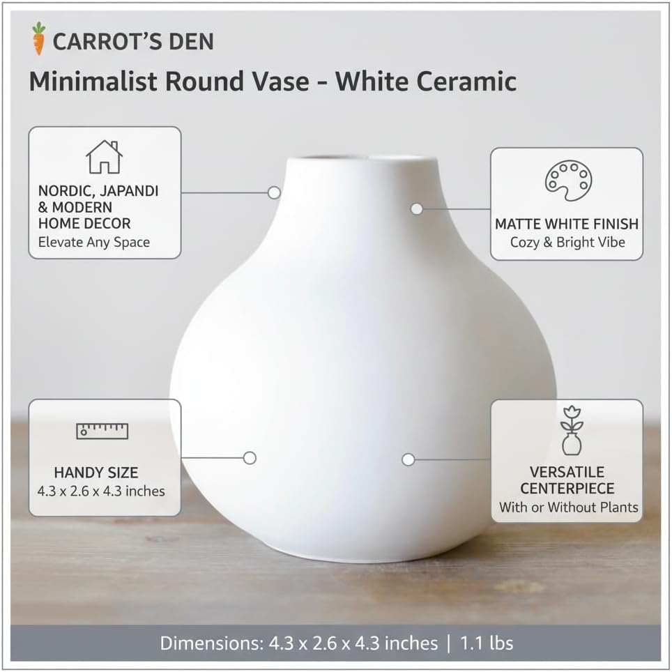 Carrot's Den Small White Ceramic Round Vase for Greenery, Short Modern