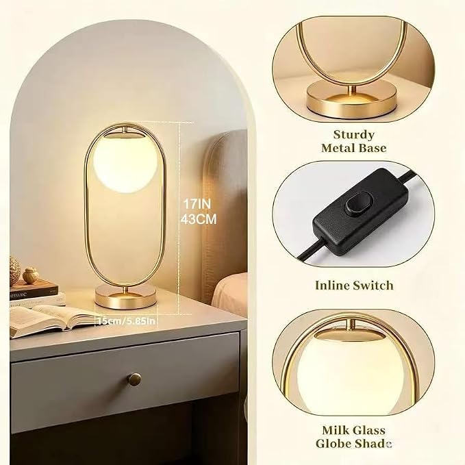 NKU Mid Century Modern Table Lamp, Boho Vintage Glass Globe Lamp with LED Bulb, Bedside Nightstand Light for Bedroom Farmhouse Office Desk